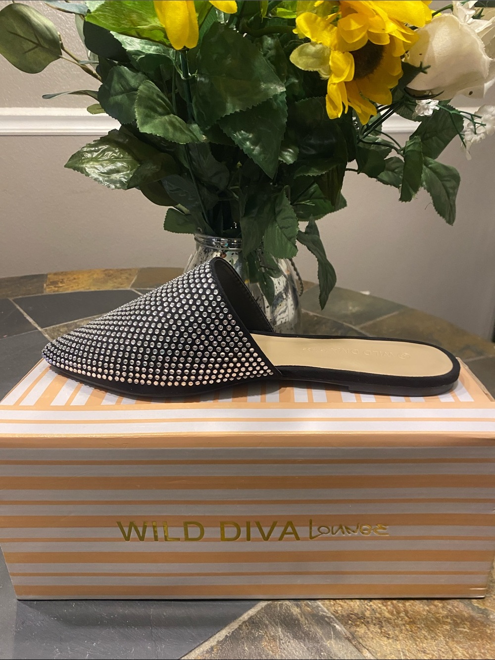 DIVA Lounge Black Rhinestone Slip-On Pointed Mule